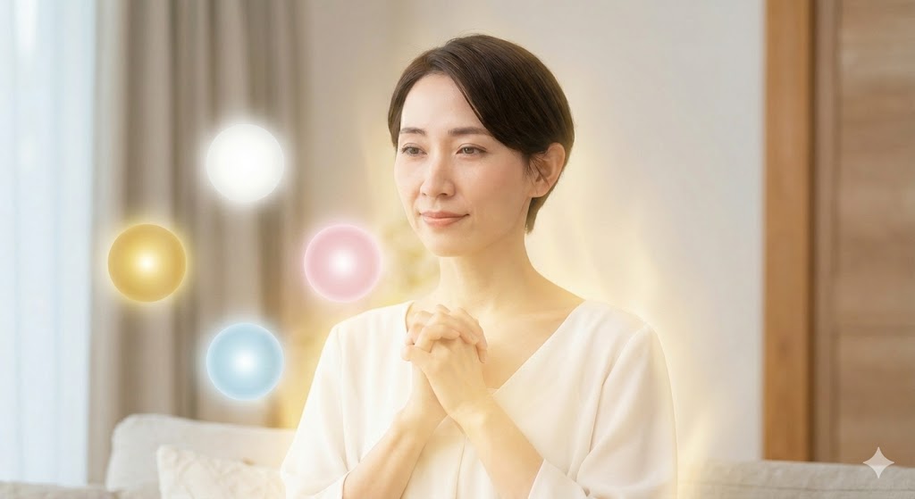 4色の光輝く守護霊チームに見守られ感謝を捧げる女性。主護霊や指導霊など役割に応じた感謝を伝えることで、強力なサポートと絆が深まる様子を表現。