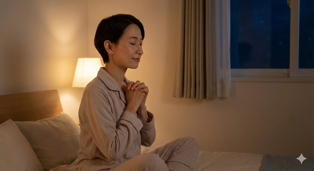就寝前の静かな寝室でパジャマ姿の女性が手を合わせ守護霊へ感謝を伝える様子。寝る前の習慣として行う祈りが安らかな眠りと運気向上を招くイメージ。