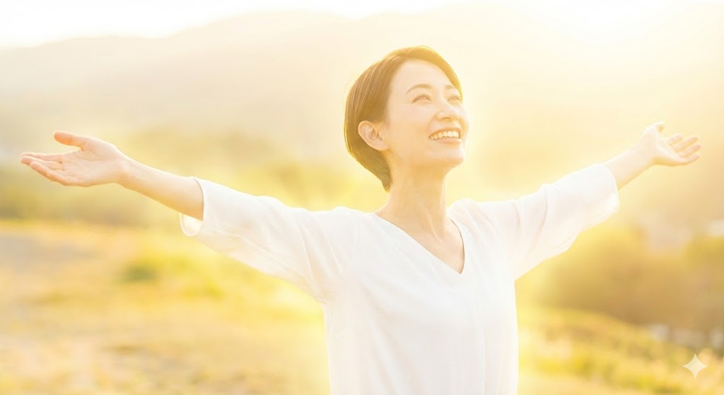 輝く光の中で両手を広げ満面の笑みを浮かべる女性。ポジティブなエネルギーで波動を高め守護霊に感謝の気持ちを届ける喜びと開運の瞬間を表現。