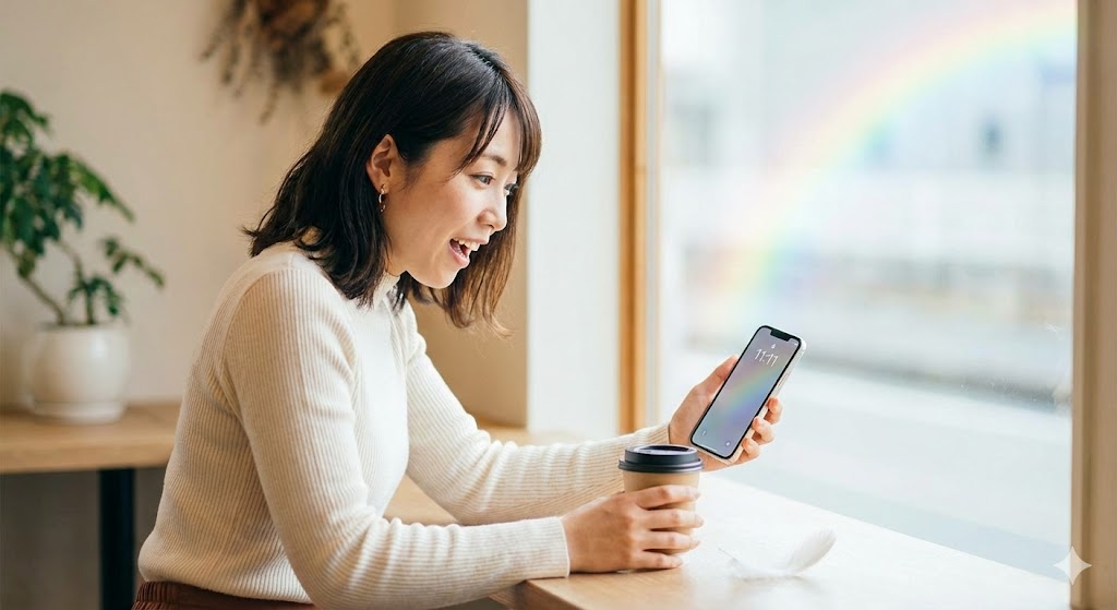 カフェでスマホの時計が「11:11」のゾロ目を示し驚く女性。窓外の虹や白い羽など、守護霊に感謝が届いていることを示すスピリチュアルなサインに気づき喜んでいる様子。