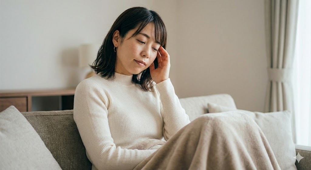 部屋で毛布にくるまり頭痛や眠気を感じて少し辛そうな女性。体調不良ではなく、守護霊からのスピリチュアルな合図や浄化の好転反応として現れる症状を受け入れている様子。