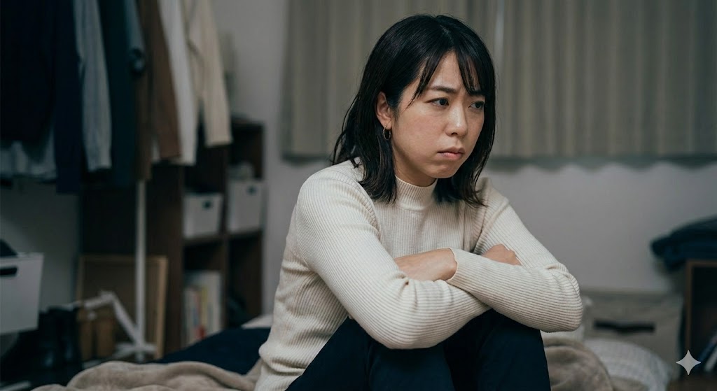 暗い部屋で腕組みをし、不満や怒りの険しい表情を浮かべる女性。不平不満や感謝のない態度は、守護霊のサポートが離れてしまうNGな行動であることを象徴する様子。