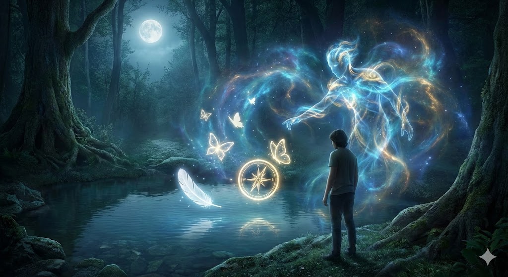 守護霊が送るサインとスピリチュアルな意図 守護霊が送る恋愛のサインとスピリチュアルな意図を表した画像。直感やシンクロニシティを通じてメッセージを受け取る女性と、優しく見守る守護霊の光。