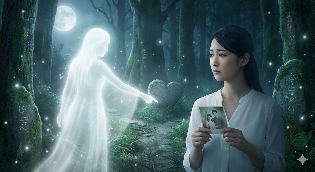 恋愛を諦めるタイミングを守護霊が教える 守護霊が恋愛を諦めるタイミングを教えるスピリチュアルな画像。過去の恋に悩む女性へ、別れと新しい道への導きを指し示す光の存在を描写。