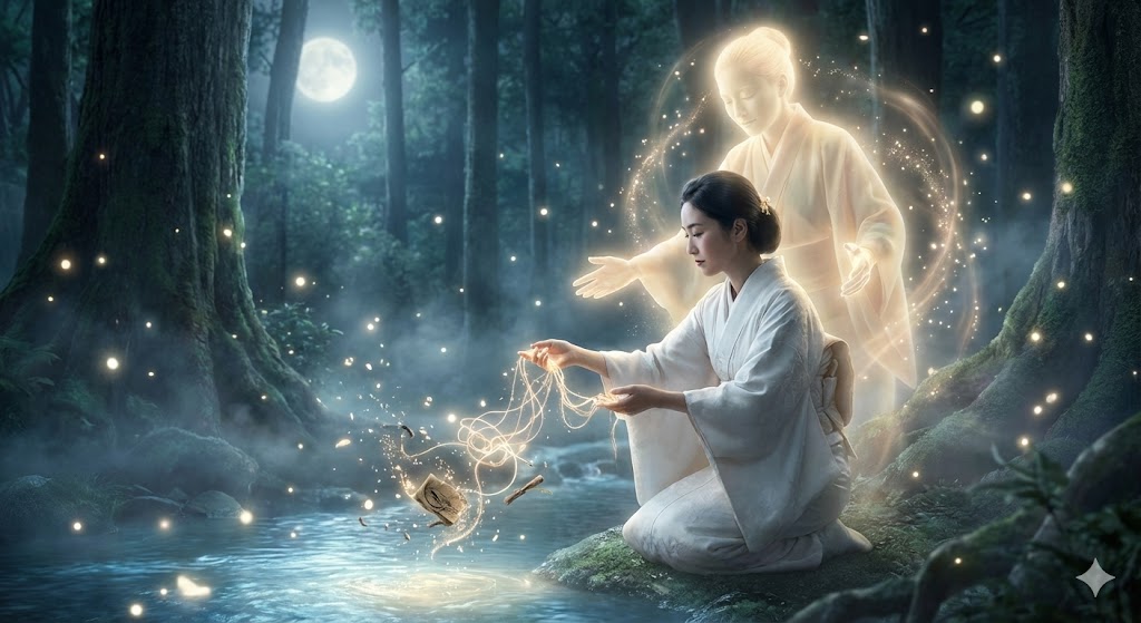 執着を手放して守護霊のサポートを得る 恋愛の執着を手放し守護霊の強力なサポートを受ける女性のスピリチュアル画像。心を解放して高次元のエネルギーと繋がり、良縁を引き寄せる瞬間。