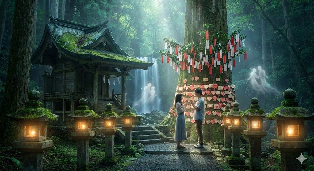 恋愛成就に効果的な全国のパワースポット 恋愛成就に効果的な神秘的なパワースポットの画像。神社の神聖な光と自然のエネルギーを受け取り、良縁を祈願する女性のスピリチュアルな風景。