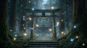 神秘的な雰囲気の深い森にある鳥居と石畳の参道。守護霊を象徴する金色と青色の光の玉（オーブ）が浮遊し、奥の本殿へと導く様子。守護霊と神社に関するスピリチュアルなイメージ。