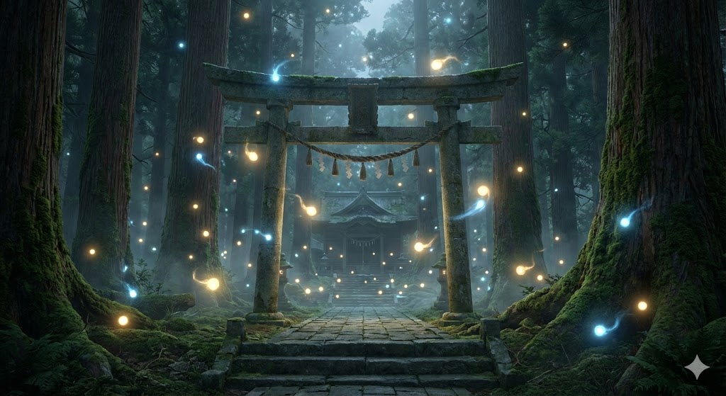 神秘的な雰囲気の深い森にある鳥居と石畳の参道。守護霊を象徴する金色と青色の光の玉(オーブ)が浮遊し、奥の本殿へと導く様子。守護霊と神社に関するスピリチュアルなイメージ。