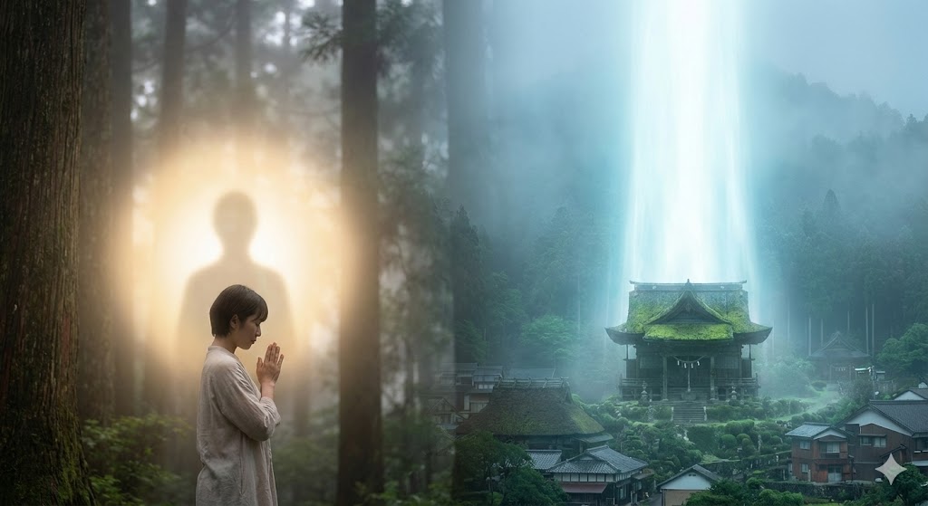 祈る人に寄り添う守護霊の暖かい光と、神社から地域全体を照らす巨大な氏神様の光の柱。「守護霊と氏神様の違い」を視覚的に対比させた神秘的なイメージ画像。
