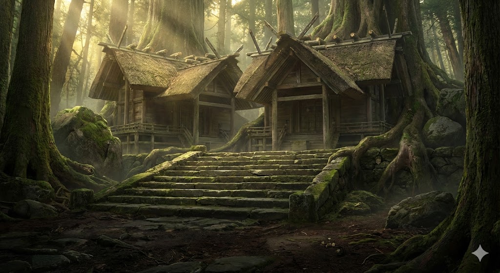 深い森と苔むした巨木に囲まれた、重厚で安定感のある神社の風景。地の属性を持つパワースポットの特徴である、力強い大地のエネルギーと静寂を表したイメージ。