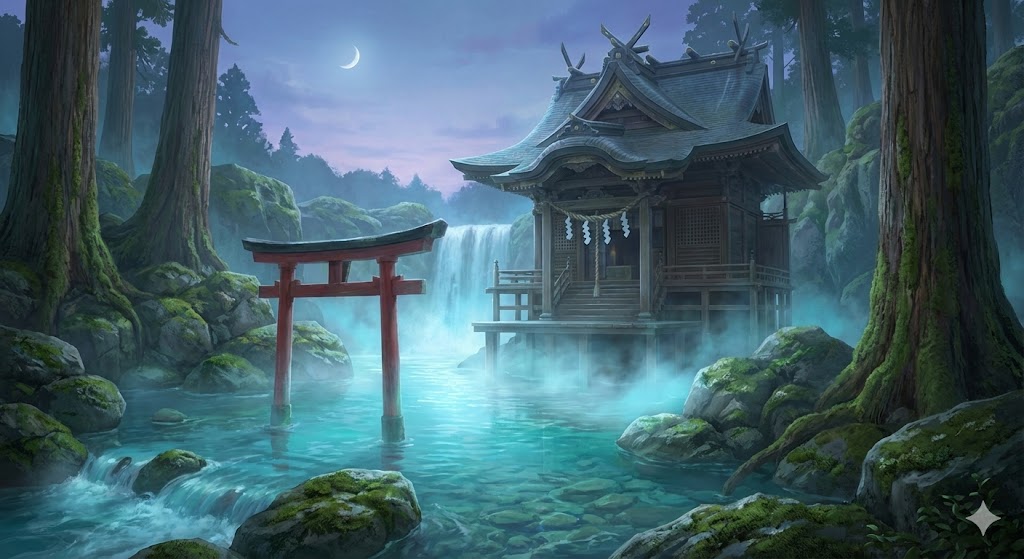 清らかな水辺と神秘的な鳥居、浄化のエネルギーを表す青い光の玉。水の属性を持つパワースポットの特徴である、深い癒しと流動性を表現したイメージ画像。