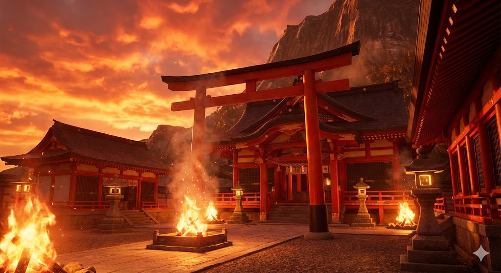 夕日に輝く朱色の鳥居と、炎のように揺らめく赤い光の玉。火の属性を持つ神社の特徴である、情熱と活性化のエネルギーを表現した神秘的なイメージ画像。