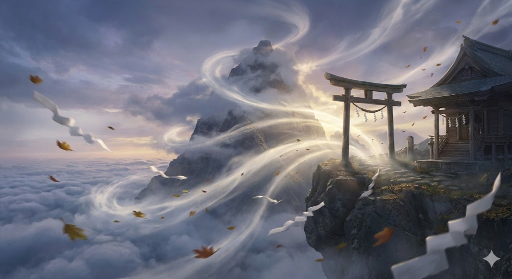 爽やかな風が吹き抜ける山上の神社と、風に舞う白い紙垂や緑の葉。風の属性を持つパワースポットの開放感と、運気を運ぶ流れを表現した神秘的なイメージ。