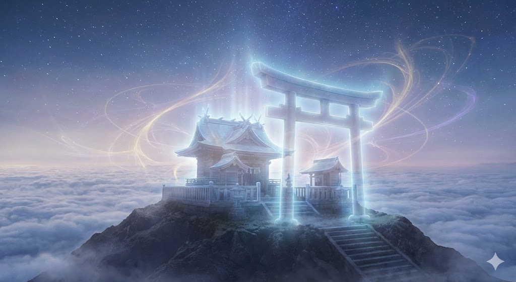 神秘的な光に包まれた神社と、天と繋がる高次元のエネルギー。空の属性を持つパワースポットの特徴である、直感力と霊性を表現したイメージ画像。