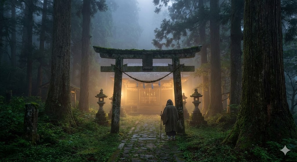 霧深い森の奥に佇む鳥居と導くような光の玉。「呼ばれる人しか行けない神社」とされる秘境のパワースポットを表現した、神秘的でスピリチュアルな画像。
