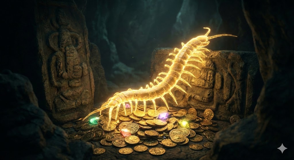 守護霊ムカデが金運上昇や宝くじ当選の吉兆をもたらす様子。毘沙門天の使いとして黄金の財宝を守り、富を運んでくる神秘的なエネルギーを表現したイメージ画像。