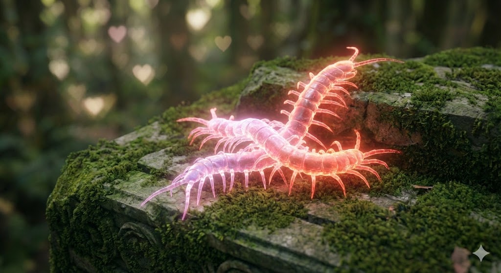 森の中で寄り添うつがいのムカデとハートの光。ムカデが夫婦円満や恋愛成就の象徴であり、パートナーシップを深めるスピリチュアルな縁起物であることを表現。