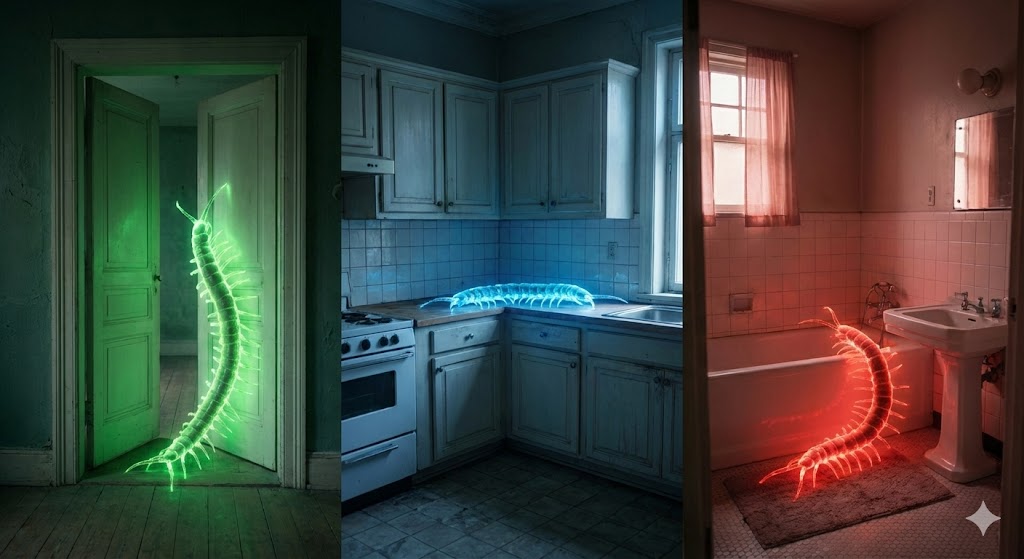 玄関や水回りに現れる光るムカデのアート。家に出る場所によって異なる守護霊からのスピリチュアルなメッセージや、幸運のサインを場所別に視覚的に表現した画像。