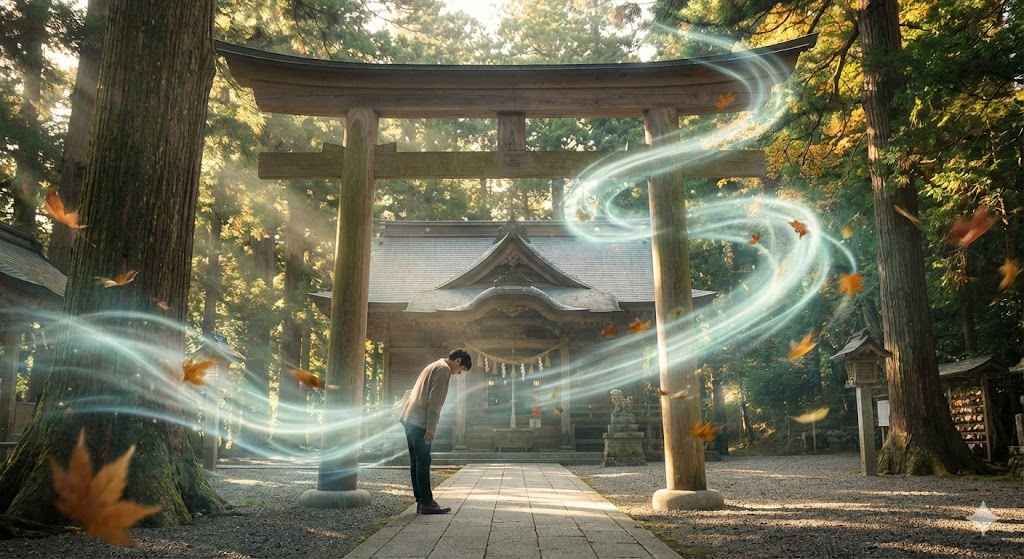 神社参拝で風が吹く: 神社の鳥居の前で風が吹き、光と紅葉が舞う神秘的な歓迎の瞬間