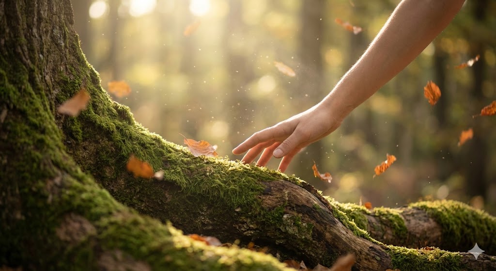 神様の息吹を感じるそよ風: 苔むした森の中でそよ風が吹いて木の葉が舞い、神様の息吹を感じる様子