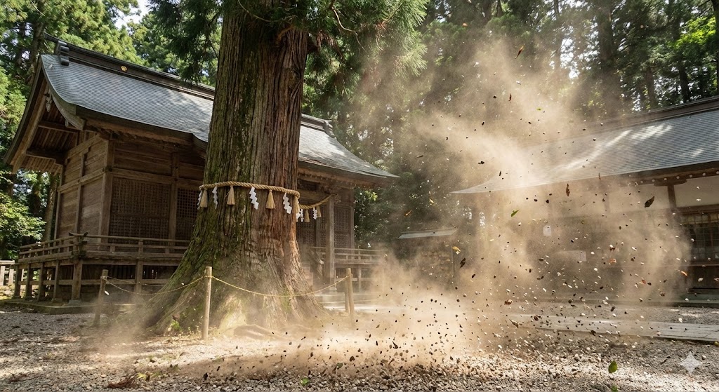 突風は現状打破を促す神様の後押し: 神社の境内で突風が吹き荒れ、砂埃と葉が舞い上がる現状打破のサイン
