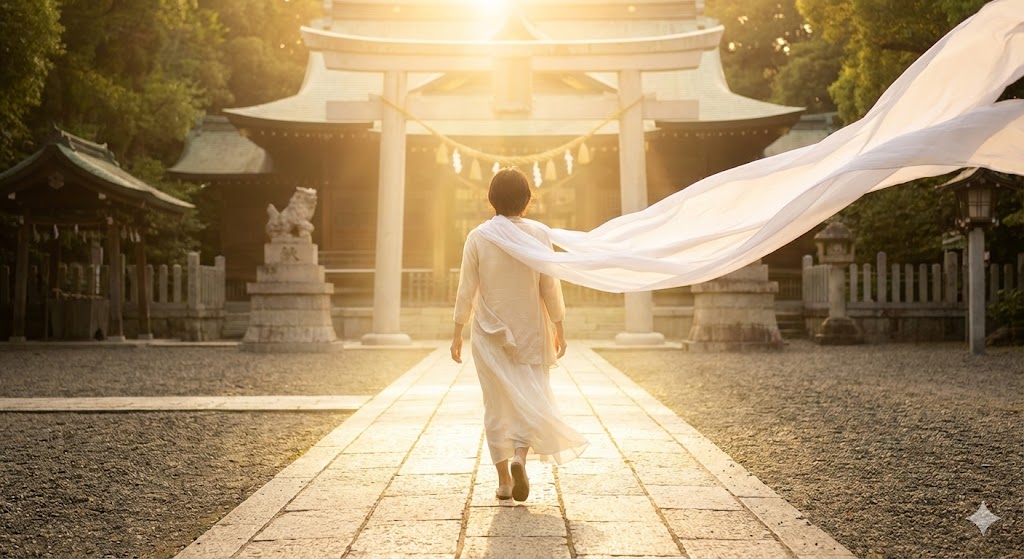 追い風は神様からの強力なGOサイン: 神社の参道を歩く女性に後ろから強い追い風が吹き、白い布がなびく様子
