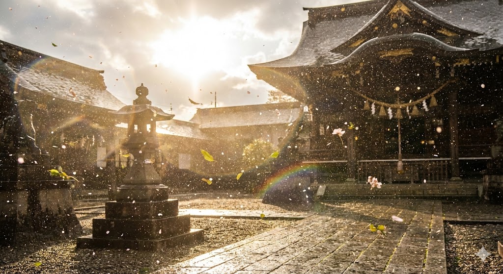 晴れた空から雨が降る天気雨(狐の嫁入り)の最中、風に舞う花びらと光り輝く雨粒が美しい神社の境内。