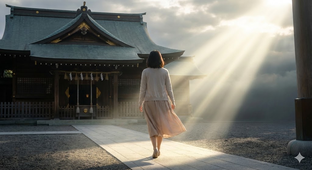 参拝を終え、雲間から差し込む希望の光に向かって歩き出す女性の後ろ姿。直感を信じて新たな行動へと進む決意の象徴。