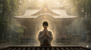 神社参拝で自然と涙が出る瞬間の女性と神秘的な光。浄化やデトックスを意味するスピリチュアルな現象として、神前で手を合わせる様子を表したイメージ