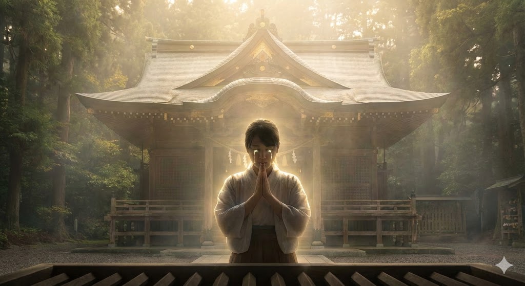 神社参拝で自然と涙が出る瞬間の女性と神秘的な光。浄化やデトックスを意味するスピリチュアルな現象として、神前で手を合わせる様子を表したイメージ