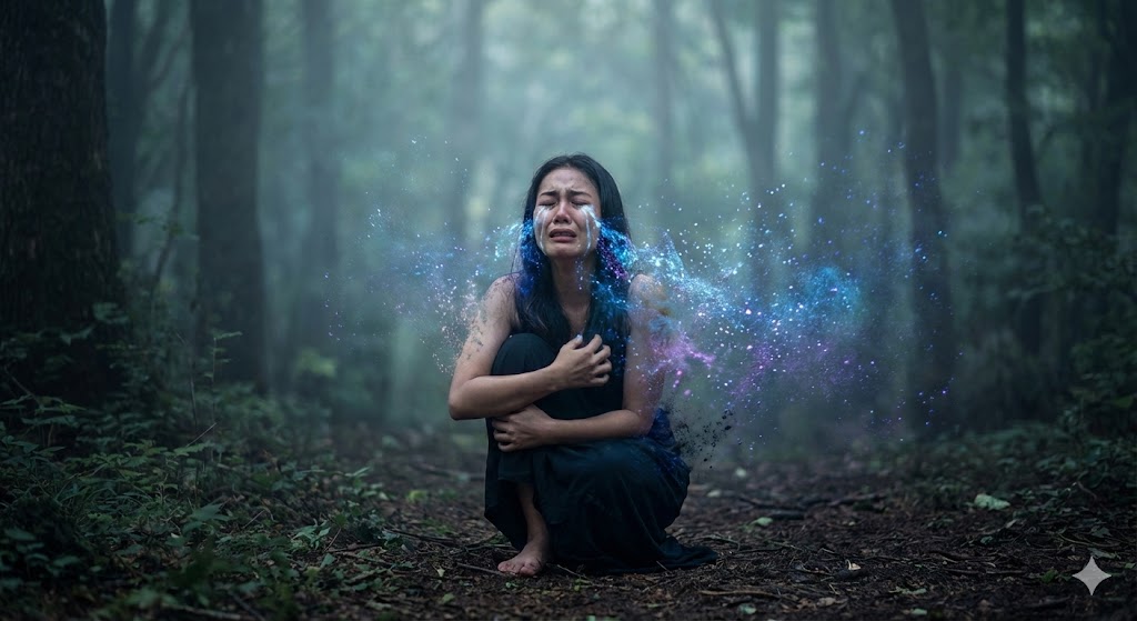 理由なく涙が止まらないスピリチュアルな現象。深い森の中で魂のデトックスが行われ、内側の感情やストレスが光となって解放される神秘的なイメージ