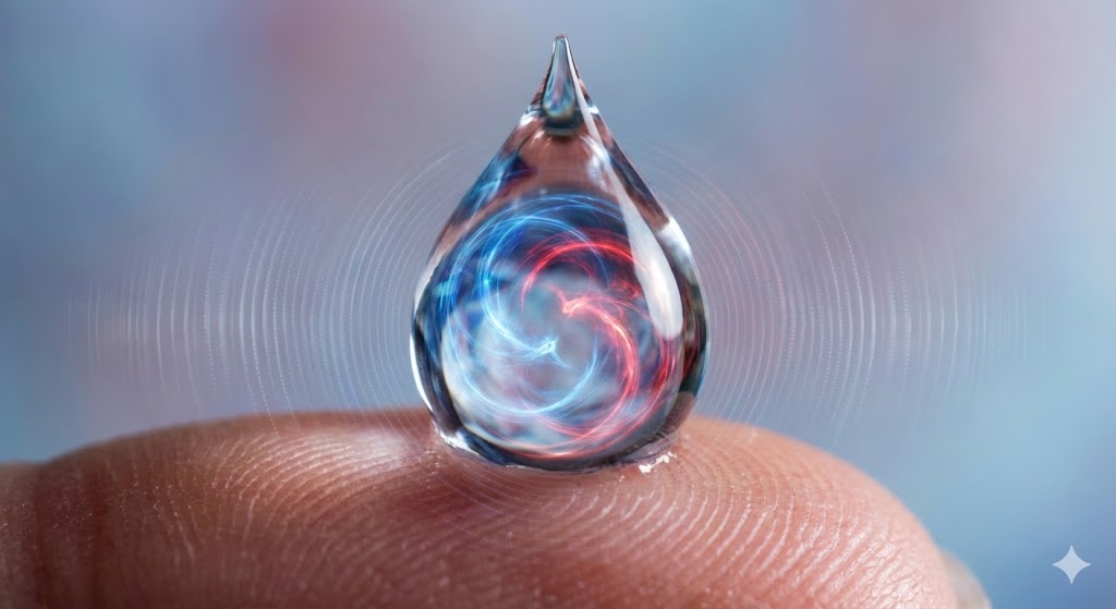 涙のしずくと波動のイメージ。涙の味がしょっぱいか水っぽいかで自律神経の状態や浄化の進行度を診断する、スピリチュアルなチェックポイントの描写