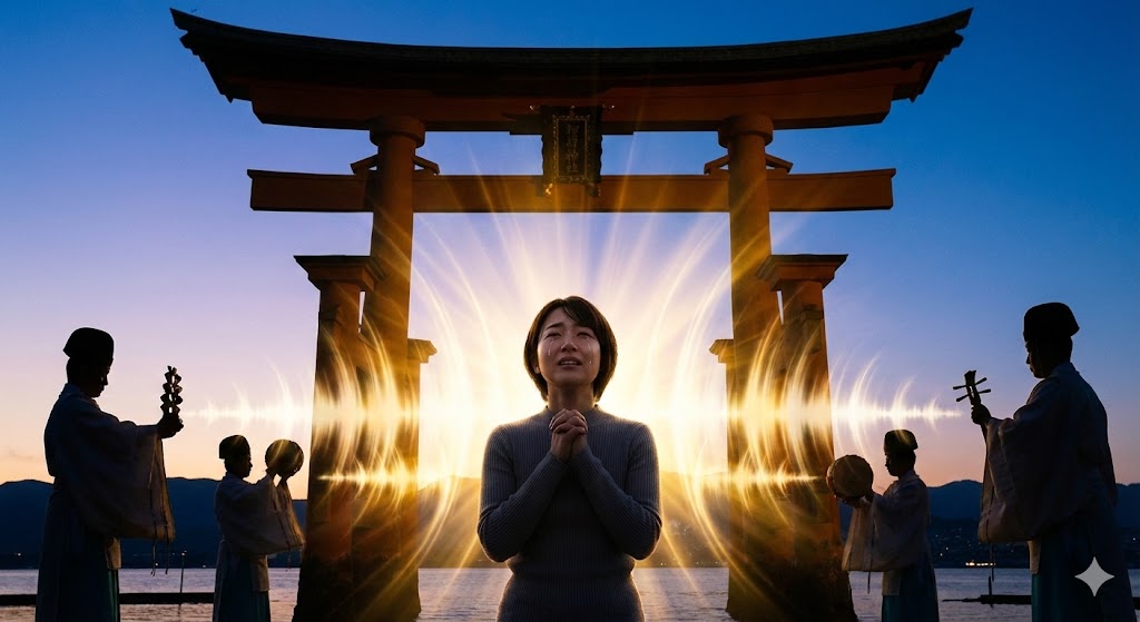 神社の鳥居の前で祝詞や音霊を感じて涙を流す女性。結界を越えた瞬間や神職の声に魂が震え、浄化が起こるスピリチュアルなタイミングのイメージ