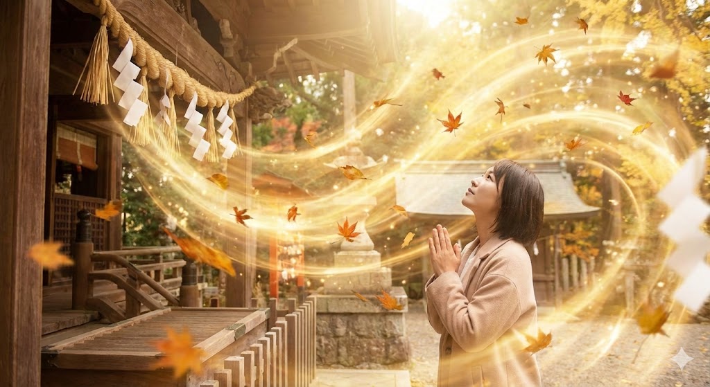 神社で参拝中に神風が吹き、紙垂や紅葉が舞い上がる様子。神様に呼ばれている歓迎のサインとして、風が吹くスピリチュアルな現象を表現したイメージ