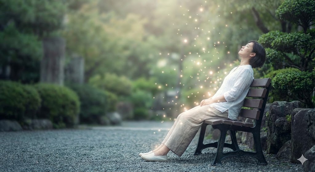 神社参拝後にベンチで休み、体から光の粒子が出て浄化されている女性。疲れや眠気といった好転反応が始まり、エネルギーが入れ替わる様子を表現