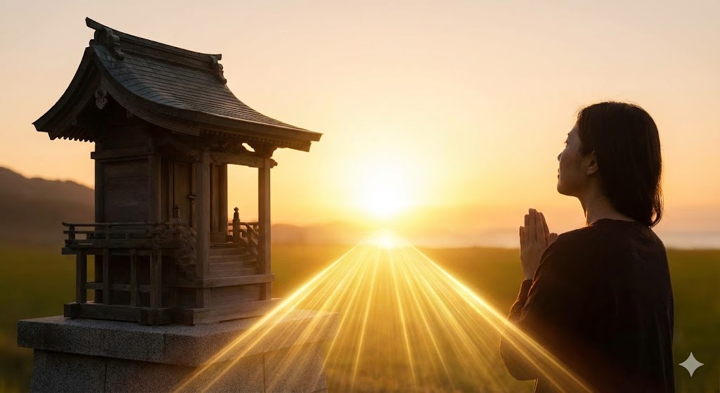 日の出の神社に向かって祈る女性と、そこから伸びる光の道。参拝後の涙が人生の転機や運気上昇の前触れであることを示す、希望に満ちたスピリチュアルなイメージ
