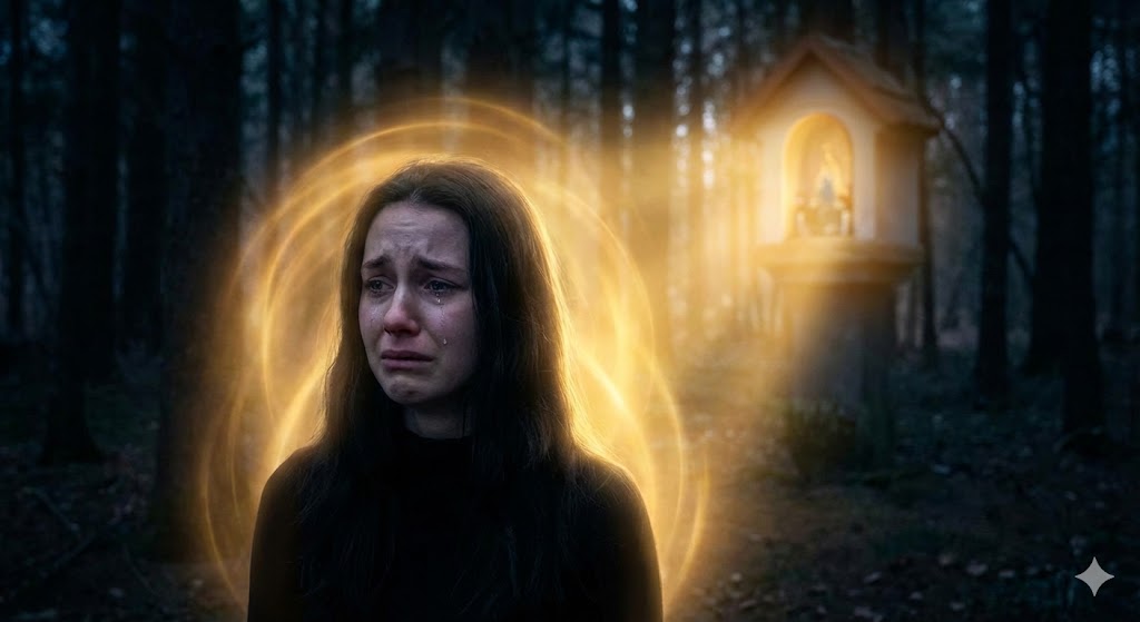 暗い森の祠の前で、悲しみや嫌な予感を感じて涙を流す女性。ネガティブな感情を伴う涙への対処法や、自分を守るためのスピリチュアルな防御を表現