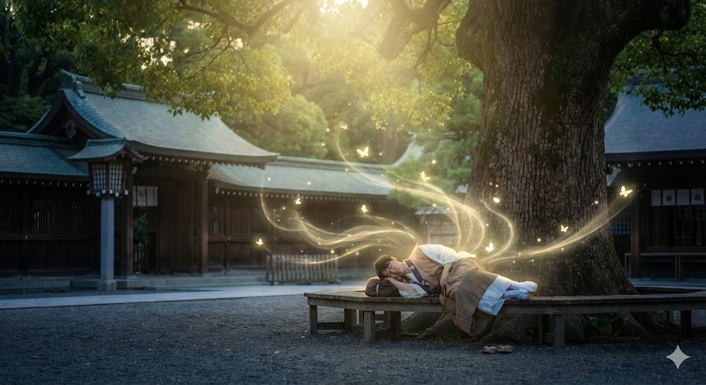 神社参拝後に木陰で眠る巫女と光の精霊。好転反応による幸運のサインとエネルギーの浄化を示す幻想的な光景