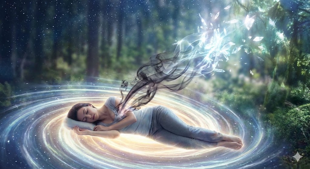 渦巻くエネルギーの中で眠る女性と、体から抜け出る黒い煙。神社参拝後の急な眠気が示す強力な浄化作用とデトックスのイメージ