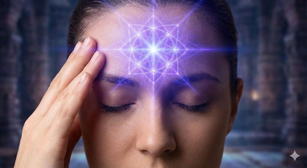 女性の額の第三の目から放たれる強烈な光と幾何学模様。神社参拝後の頭痛が示す霊的覚醒と直感力開花のサイン