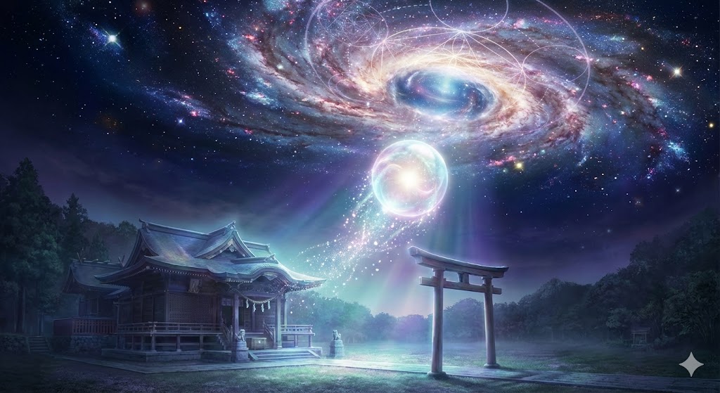夜の神社から宇宙の渦へと昇る光の玉。参拝後の眠気中に魂が高次元へ里帰りし、宇宙エネルギーと同調する神秘的なプロセス