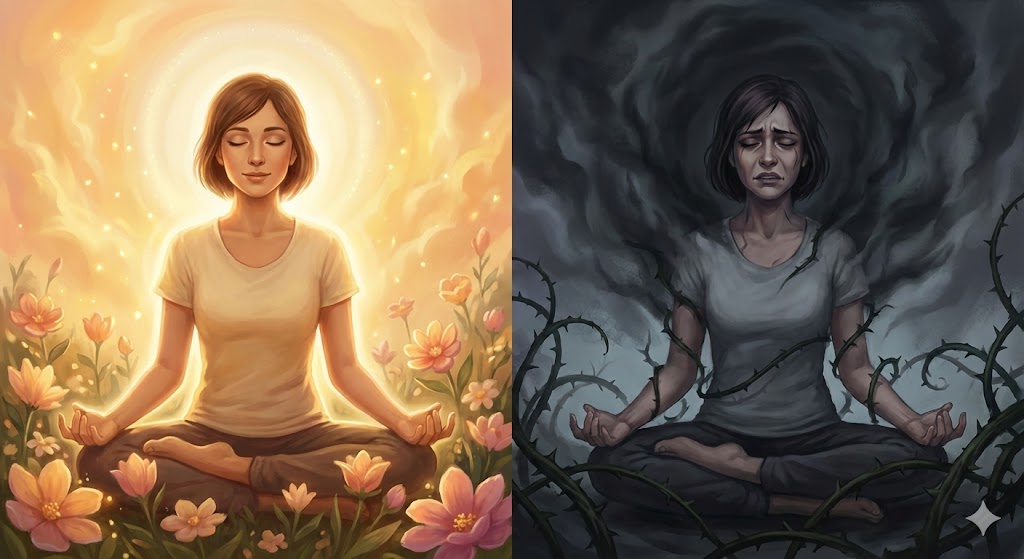 光に包まれた穏やかな女性と、闇と茨に覆われた苦しむ女性の対比。神社参拝後の良い好転反応と悪い霊障を見分けるイメージイラスト