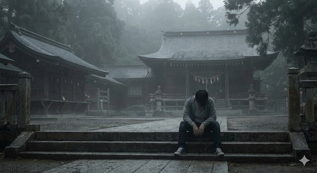 霧に包まれた薄暗い神社の境内で、疲れ果てて石段に座り込む男性。属性の相性が悪い神社参拝によるエネルギーの消耗と疲労感の描写