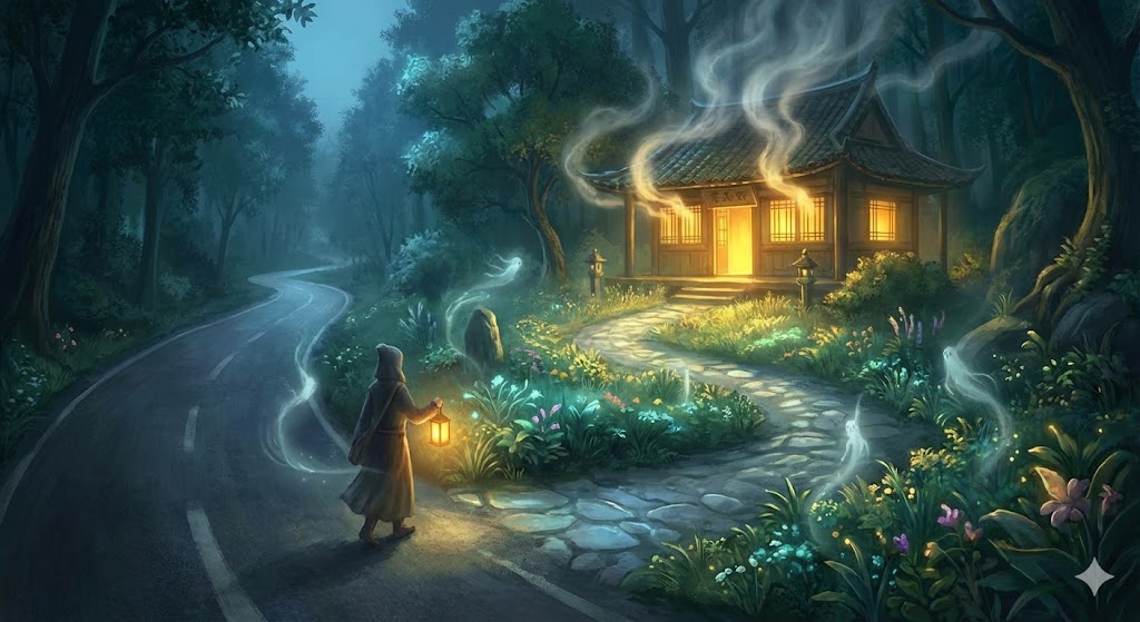 神社参拝の帰路、森の中の幻想的な茶屋に立ち寄り精進落としをする人物。日常に戻る前にスピリチュアルな浄化を行う神秘的な寄り道の光景