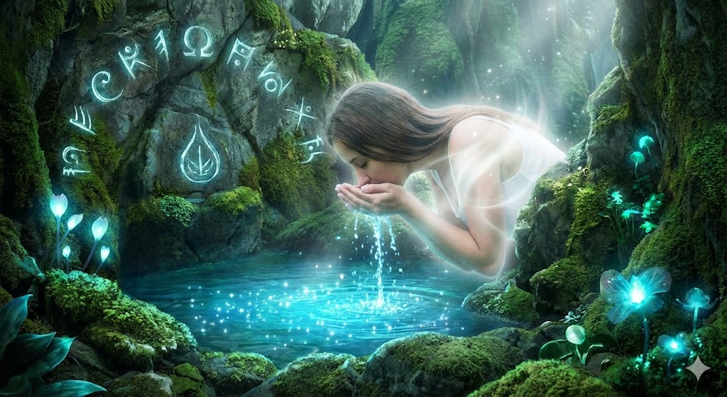 神社の聖域にある苔むした洞窟で、光り輝くご神水を手ですくって飲む女性。体内から強力なデトックス効果とエネルギー浄化が促される神秘的な瞬間