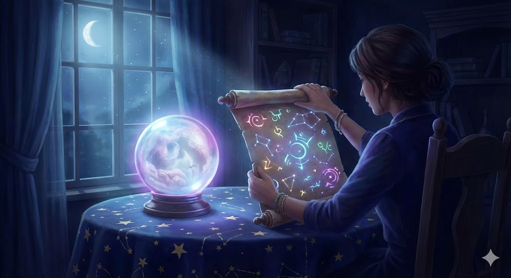 神社参拝後に見た不思議な夢の意味を、月夜の部屋で水晶玉と光る星座の巻物を用いて熱心に読み解き、今後の運勢やメッセージを探る女性の姿