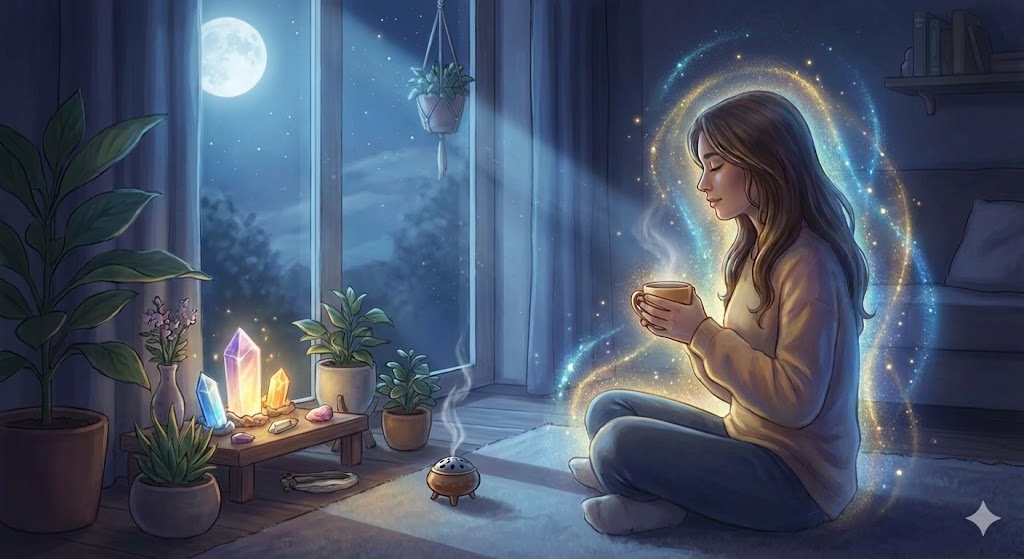 神社参拝をした日の夜、月明かりが差し込む部屋で温かい飲み物を手にリラックスする女性。クリスタルやお香に囲まれ、良い運気を定着させる穏やかな時間