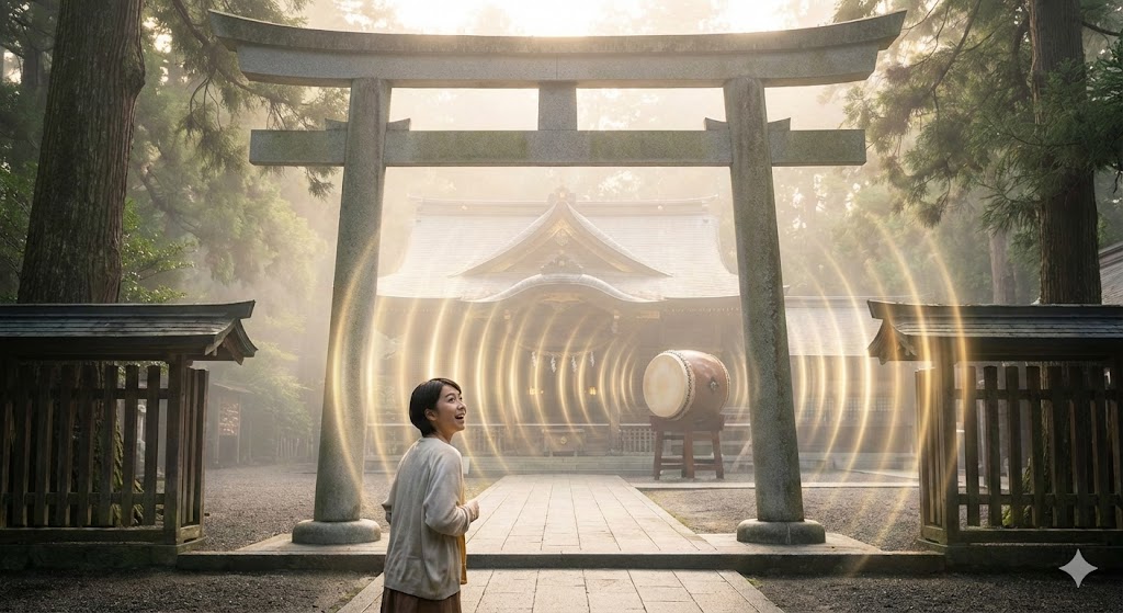 神社参拝で鳥居をくぐるタイミングに太鼓の音が鳴り響き、驚く女性。金色の波動が歓迎のサインとして広がるスピリチュアルな瞬間を捉えた画像。