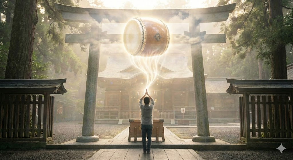 神社で祈る男性の願いが光となって空中の太鼓に届く瞬間。参拝中に鳴る太鼓の音が、願いが神様に届いた証拠であることを象徴する画像。