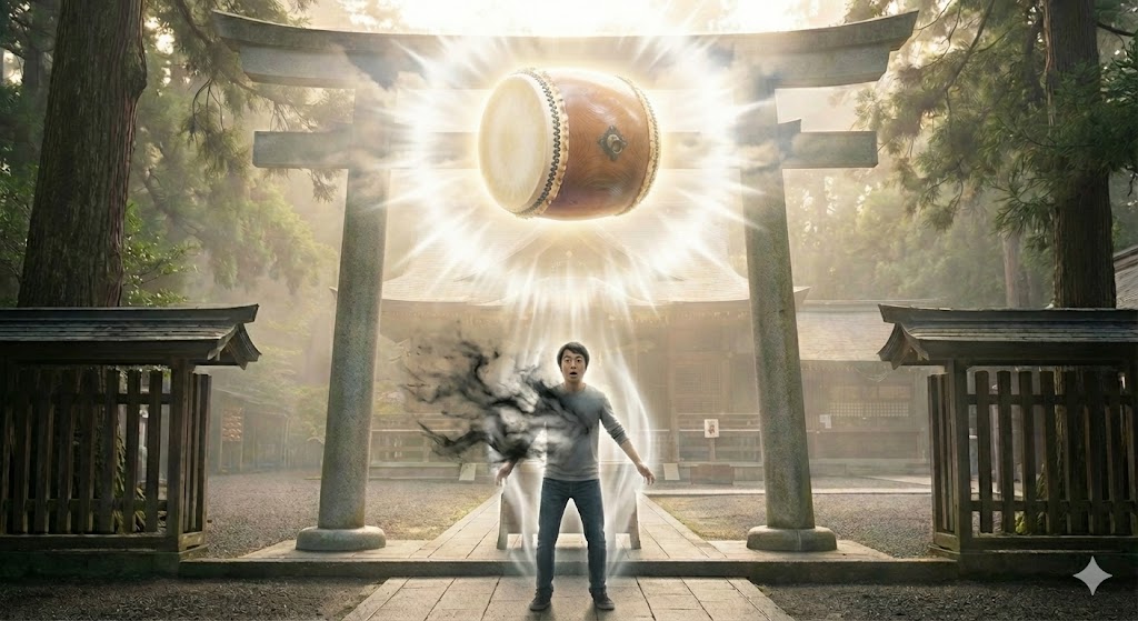 神社で響く太鼓の強力な音の波動を受け、男性の体から黒い邪気が祓い清められる魂振(たまふり)の瞬間。驚くような音が持つ浄化作用の画像。